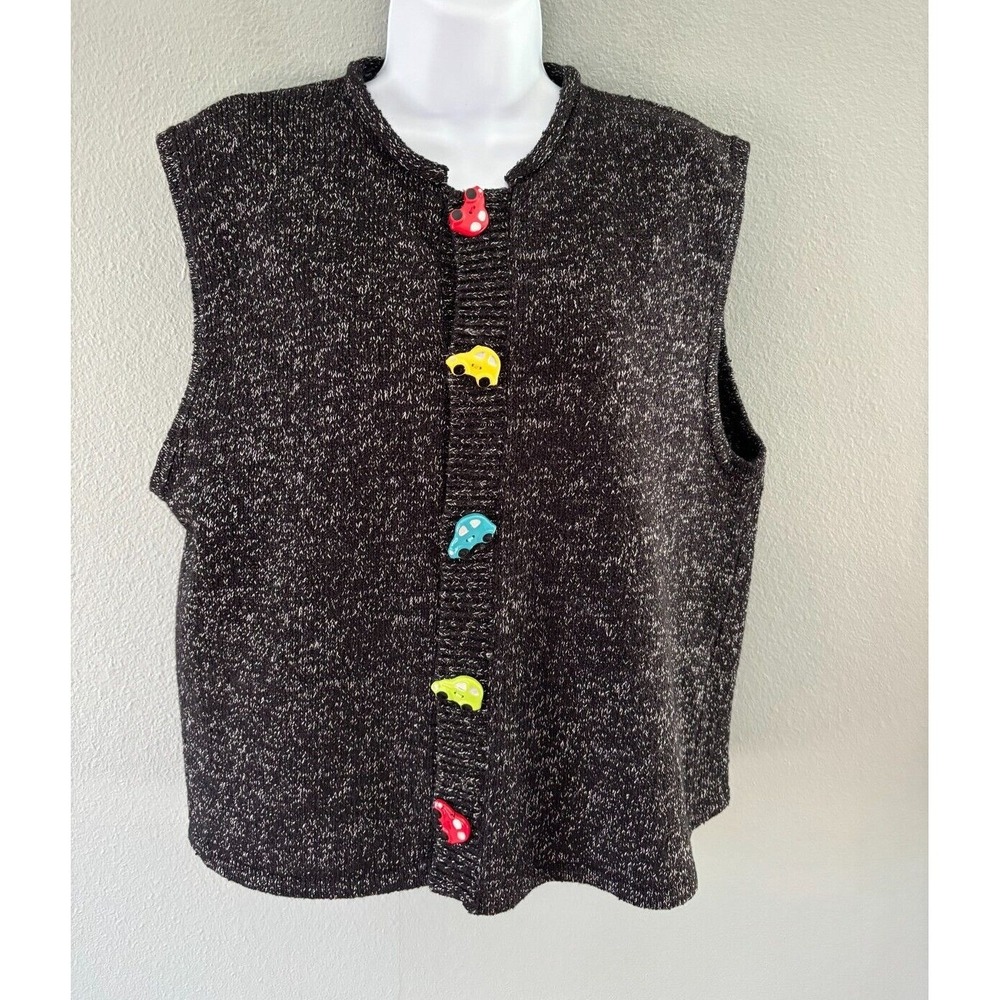 Belle Pointe Sweater Vest Womens XL Metallic Black Car Buttons TEACHER Grandma
